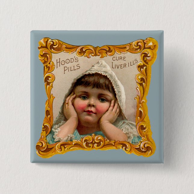 1890s Hoods Pills trade card Button (Front)