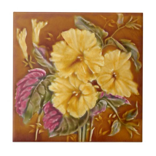 1890s Lea Boulton Yellow Floral Repro Faux Relief Ceramic Tile