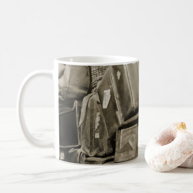 1890's TRAVEL LUGGAGE TEAMSTER WAGON SUITCASE Coffee Mug (With Donut)