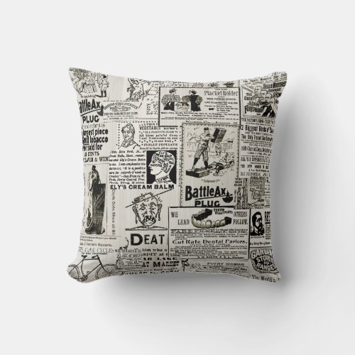 1890s Victorian Era Newspaper Ads Funny Whimsical Throw Pillow