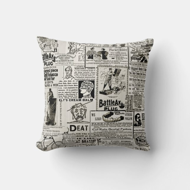 1890's Victorian Era Newspaper Ads Funny Whimsical Throw Pillow (Front)