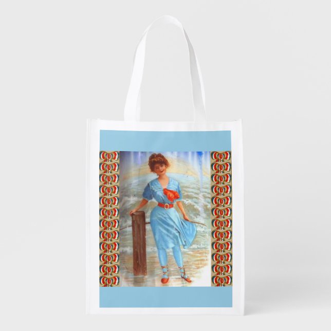 1890s Victorian lady on the beach Grocery Bag (Front)