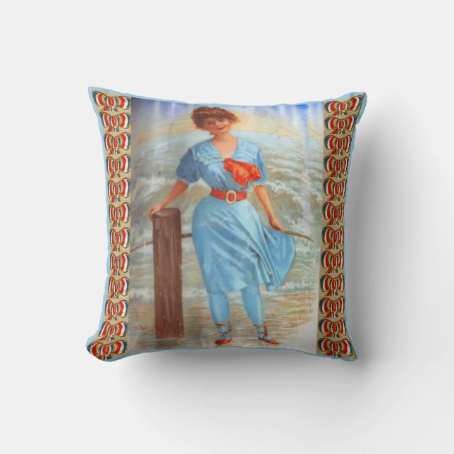 1890s Victorian lady on the beach print Throw Pillow (Front)