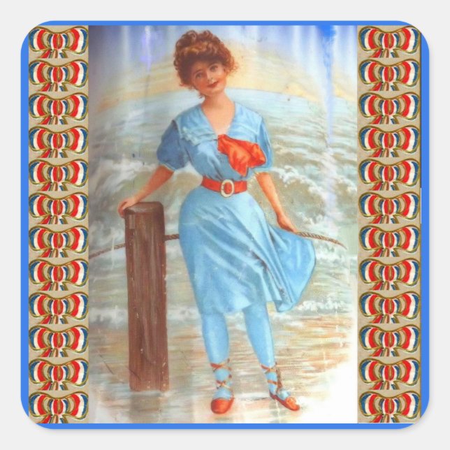 1890s Victorian lady on the beach Square Sticker (Front)