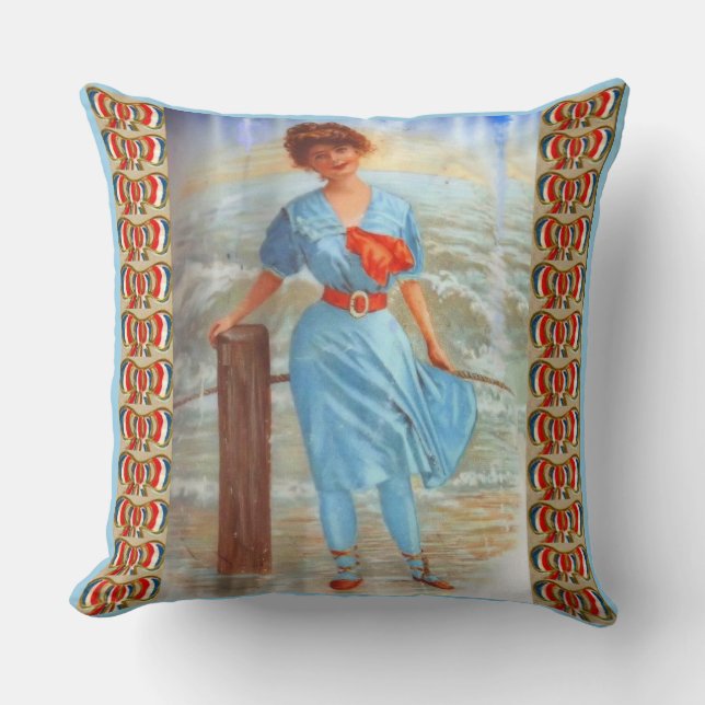 1890s Victorian lady on the beach Throw Pillow (Front)