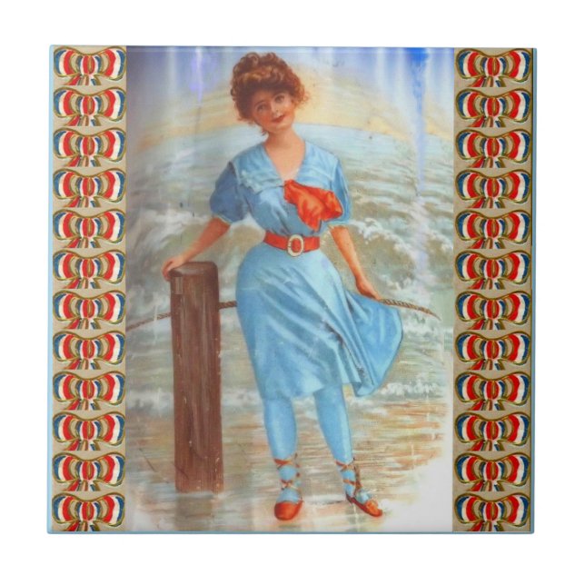1890s Victorian lady on the beach Tile (Front)