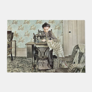 1890's Woman at Sewing Machine Photo Tinted Doormat