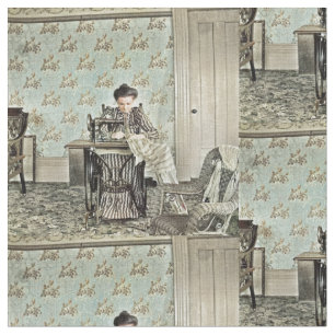 1890's Woman at Sewing Machine Photo Tinted Fabric