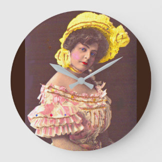 1890s woman in frilly attire large clock