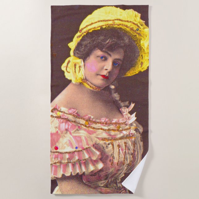 1890s woman in frilly attire print beach towel (Front)