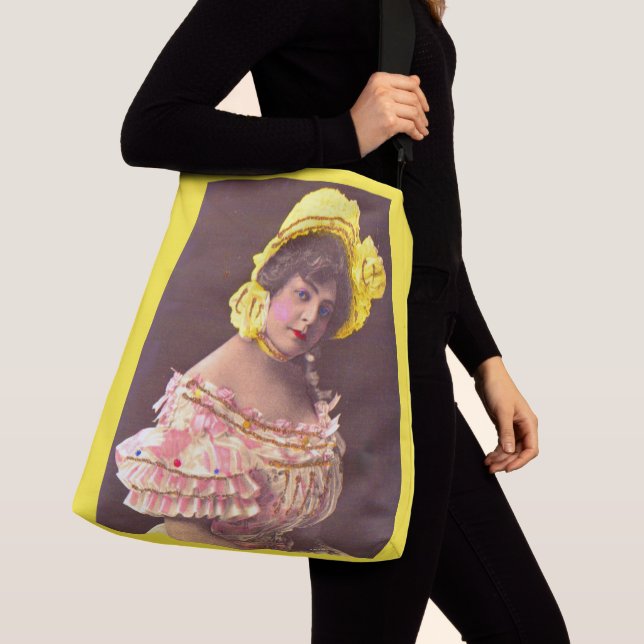 1890s woman in frilly attire print crossbody bag (Close Up)