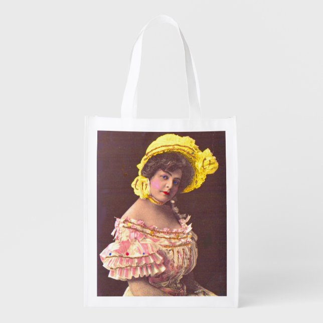 1890s woman in frilly attire print grocery bag (Front)