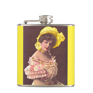 1890s woman in frilly attire print hip flask