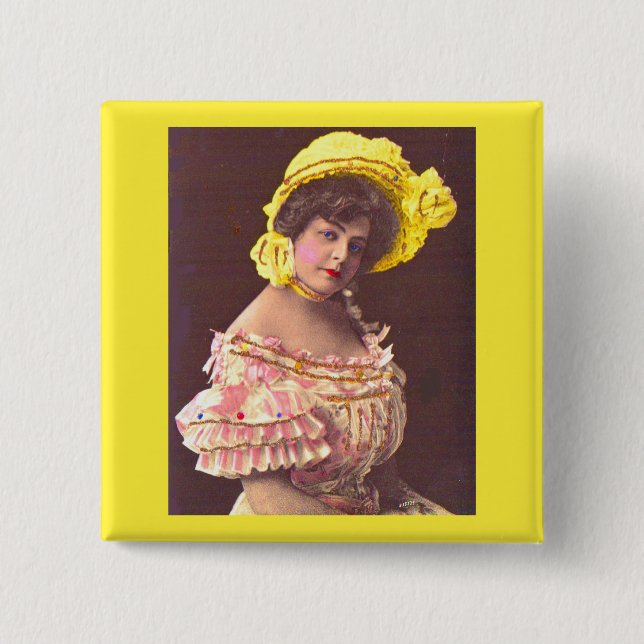 1890s woman in frilly attire print pinback button (Front)