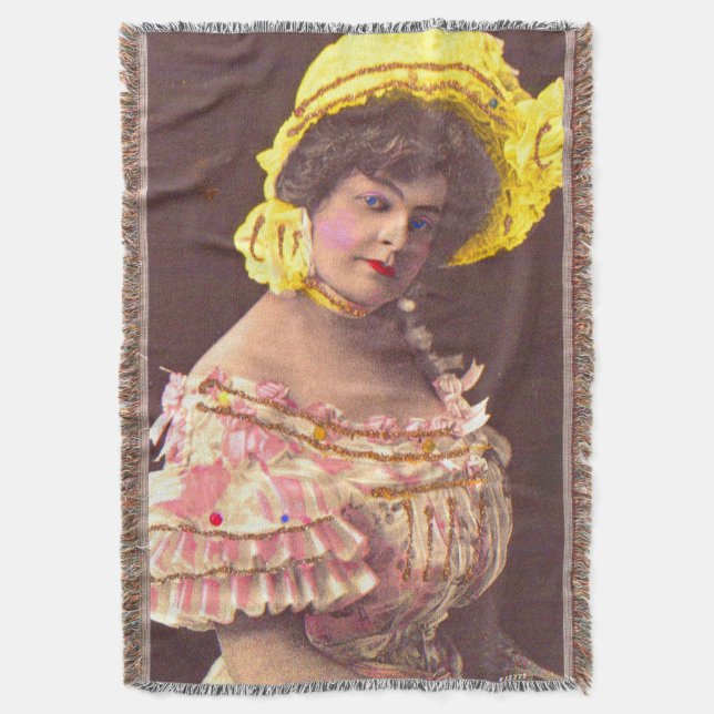 1890s woman in frilly attire print throw blanket (Front Vertical)