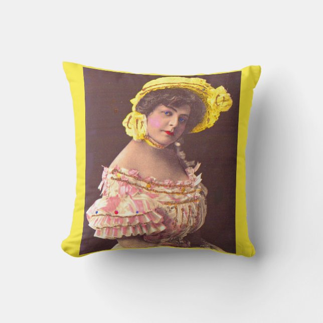 1890s woman in frilly attire print throw pillow (Front)