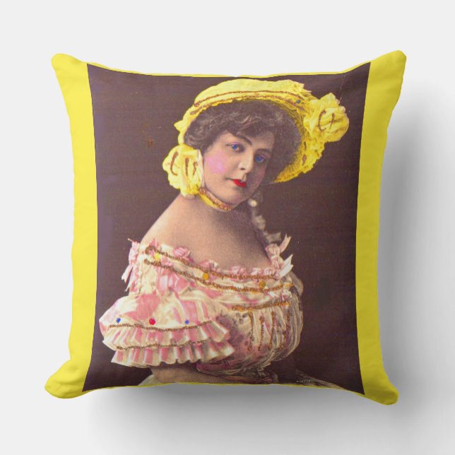 1890s woman in frilly attire print throw pillow (Front)