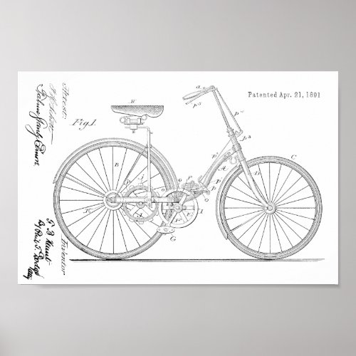 1891 Chainless Bicycle Design Patent Art Print