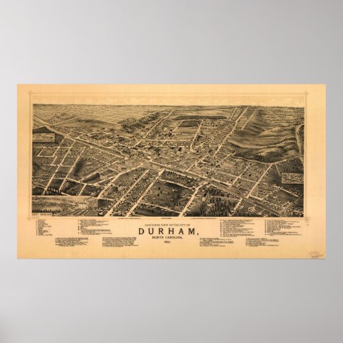 1891 Durham NC Birds Eye View Panoramic Map Poster