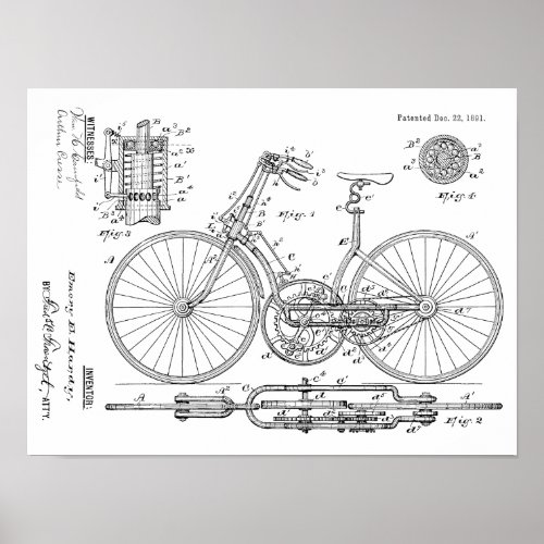 1891 Vintage Bicycle Gear Design Patent Art Print