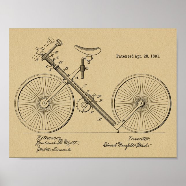 1891 Vintage Bicycle Pipe Design Patent Art Print (Front)