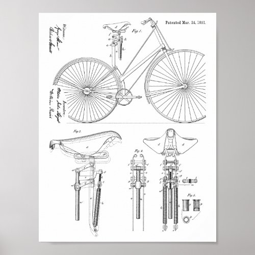 1891 Vintage Bicycle Seat Design Patent Art Print