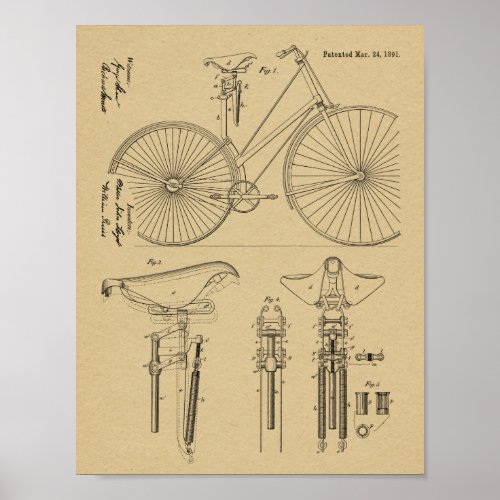 1891 Vintage Bicycle Seat Design Patent Art Print