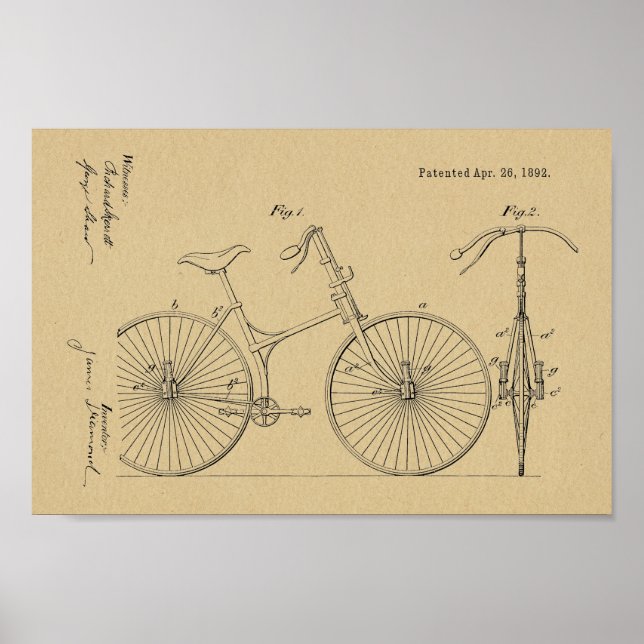 1892 Bicycle Suspension Design Patent Art Print (Front)