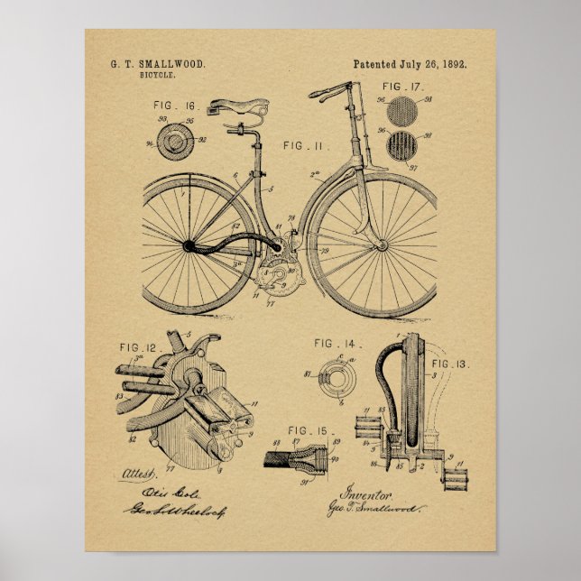 1892 Chainless Bicycle Patent Art Drawing Print (Front)