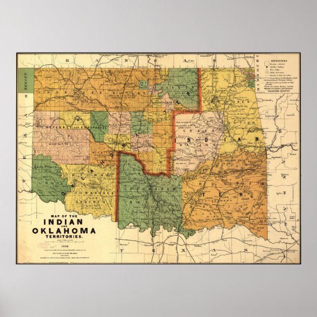 1892 Map of Indian and Oklahoma Territories Poster (Front)