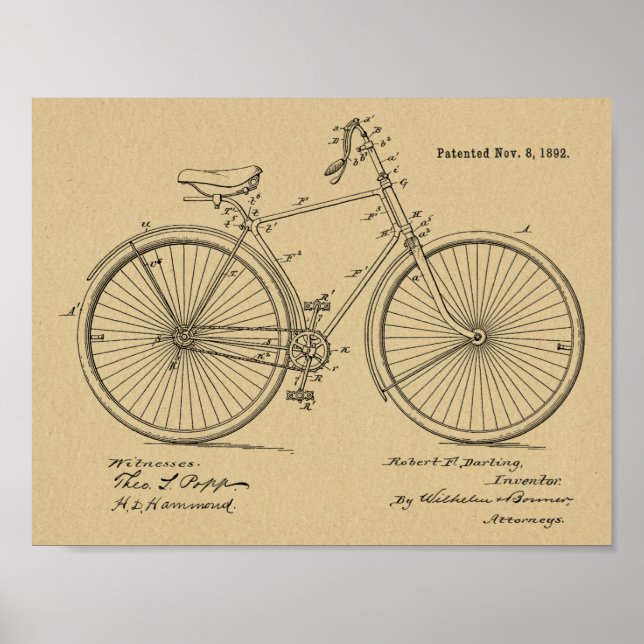 1892 Vintage Bicycle Design Patent Art Print (Front)