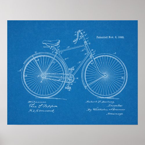 1892 Vintage Bicycle Patent Blueprint Art Print