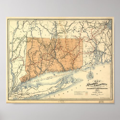 1893 Connecticut Railroads Map Vintage Poster