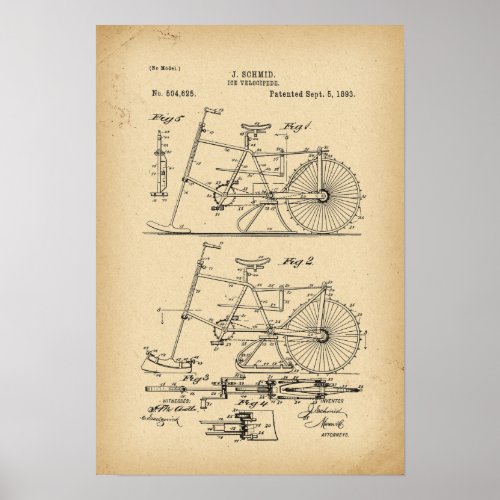 1893 Patent Bicycle Ice velocipede Poster