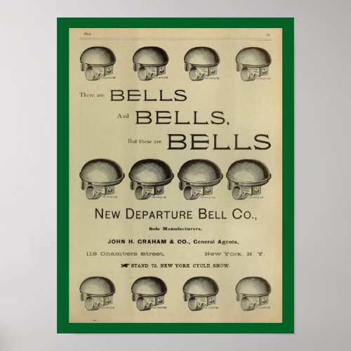 1893 Vintage Bicycle Bells Magazine Ad Art Poster