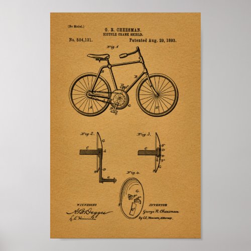 1893 Vintage Bicycle Crank Shield Patent Art Print