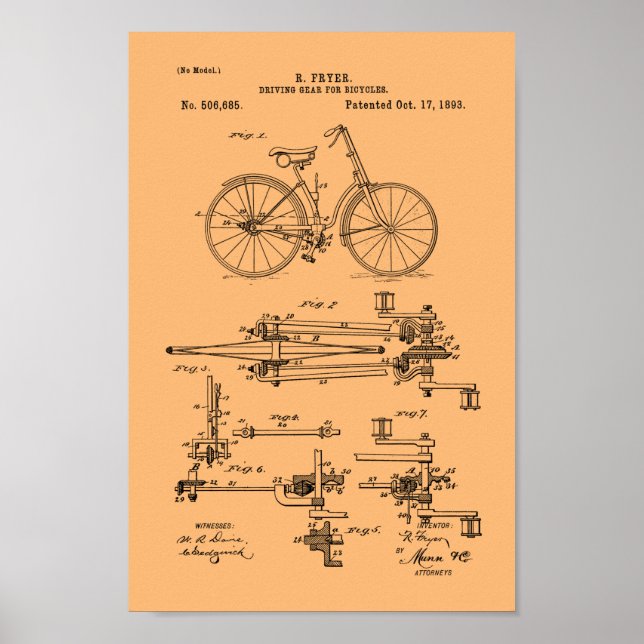 1893 Vintage Bicycle Gears Patent Print (Front)