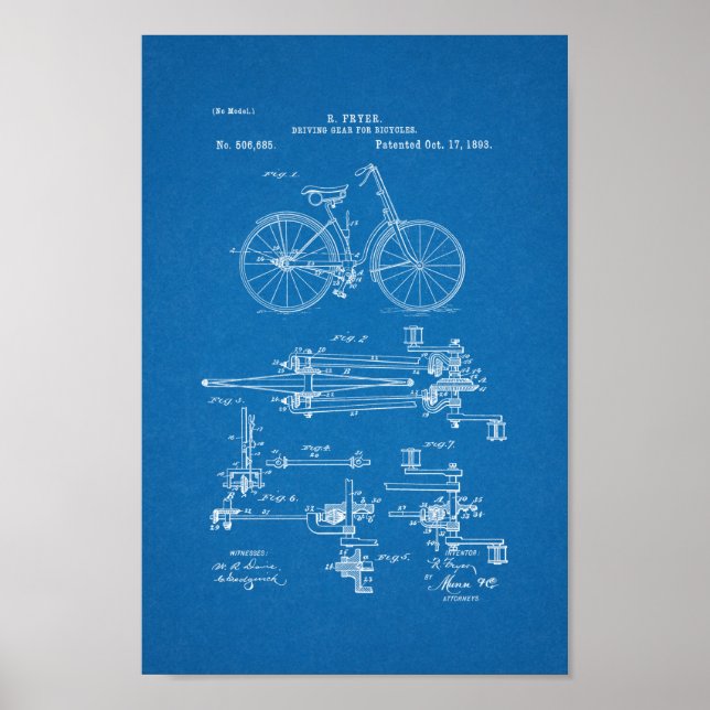 1893 Vintage Bicycle Gears Patent Print Blueprint (Front)