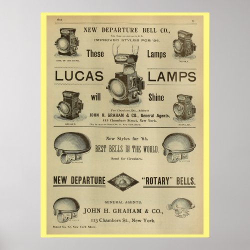 1893 Vintage Bicycle Lamps Magazine Ad Art Poster