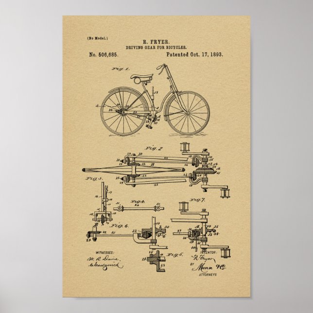 1893 Vintage Bicycle Patent Art Print (Front)