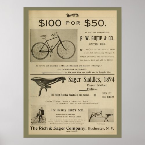 1893 Vintage Gump Bicycle Magazine Ad Art Poster