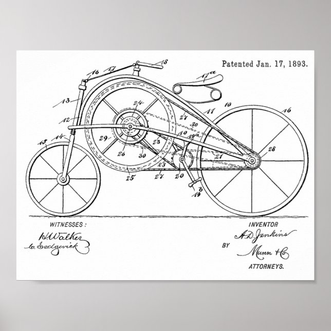 1893 Vintage Large Gear Bicycle Patent Art Print (Front)