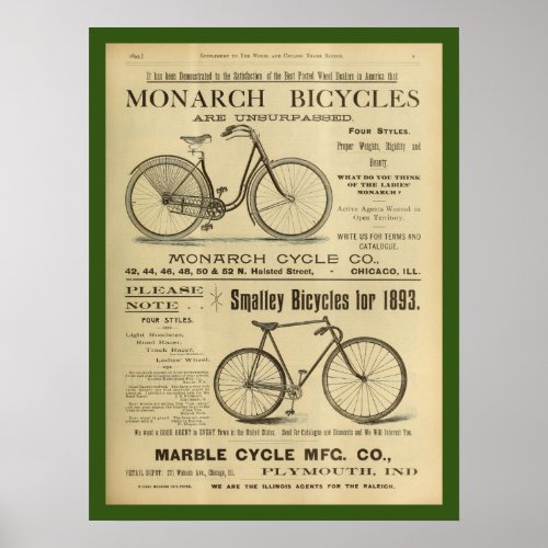 1893 Vintage Monarch Bicycle Ad Art Poster