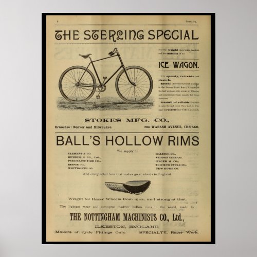 1893 Vintage Sterling Bicycle Magazine Ad Poster
