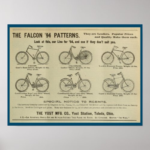 1893 Vintage Yost Bicycle Magazine Ad Art Poster
