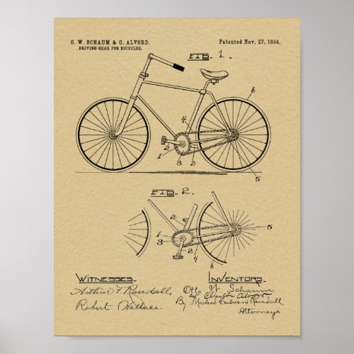 1894 Elliptical Gear Bicycle Design Patent Print