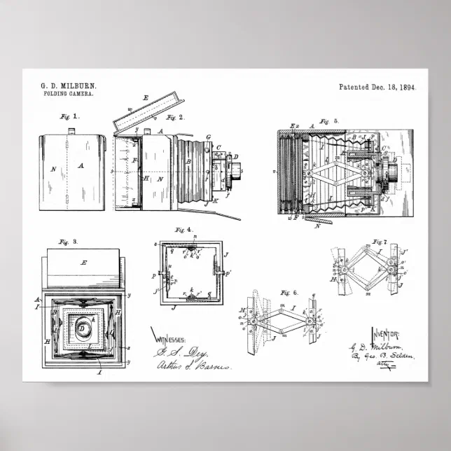 Fold Camera Drawing 1894 Folding Camera Patent Art Drawing Print | Zazzle