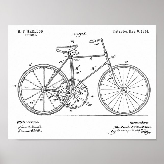 1894 Gear Drive Bicycle Design Patent Art Print (Front)