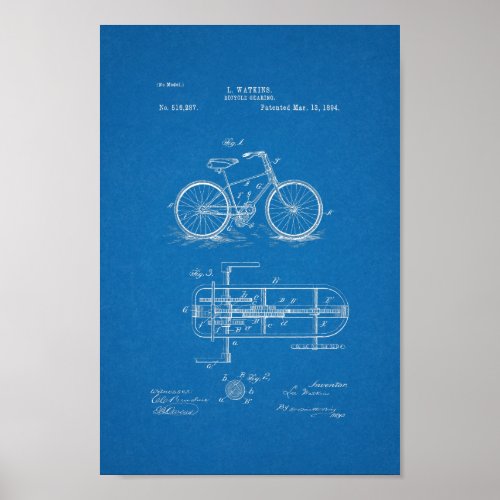 1894 Vintage Bicycle Gears Patent Print Blueprint