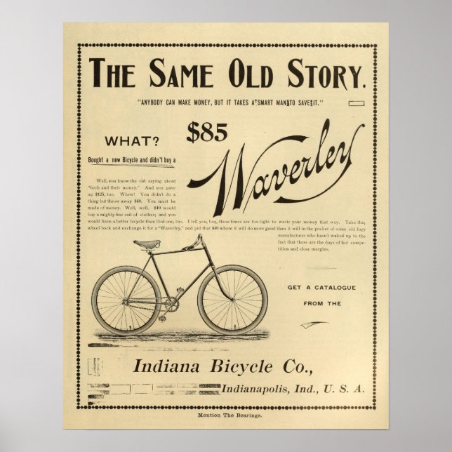 1894 Waverly Indiana Bicycle Ad Art Poster (Front)
